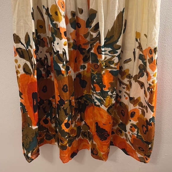 Floral‎ Y2K Style Cream and Orange Smocked Midi Dress Medium - Picture 4 of 6